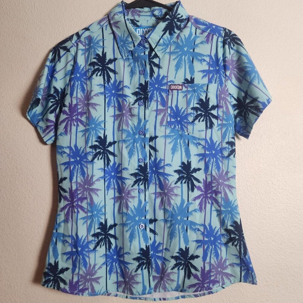 Dixxon Palisades Shirt Womens Small Blue Palm Tree Palisades Button Up Aloha